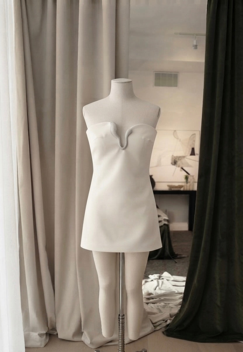Vestido Plata Caqui Claro Corto, Cuello Asimétrico, Adornado con Joyería