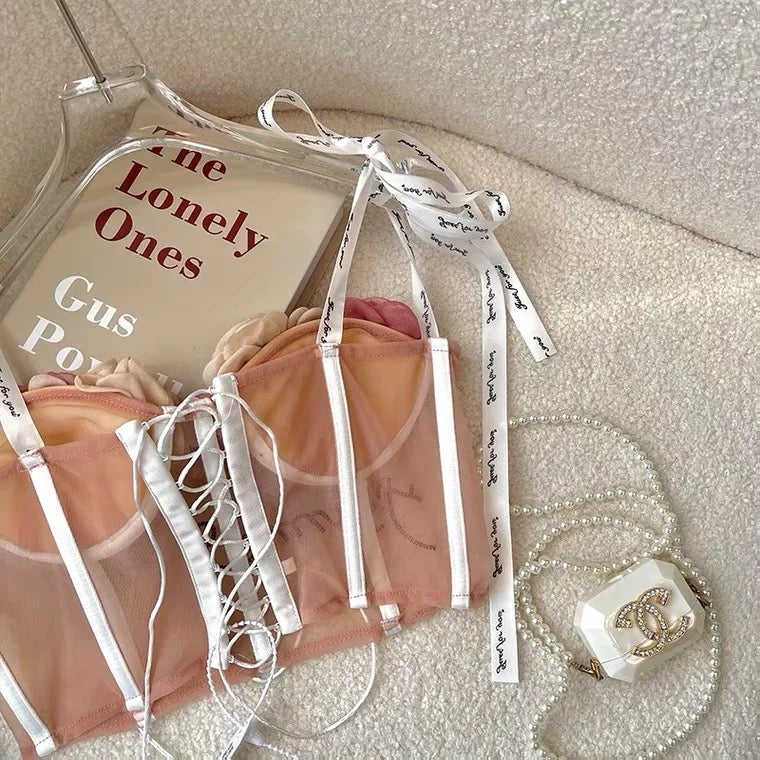 Crop Top Rosa 3D Nude – Corset Flores con Apliques Rosados