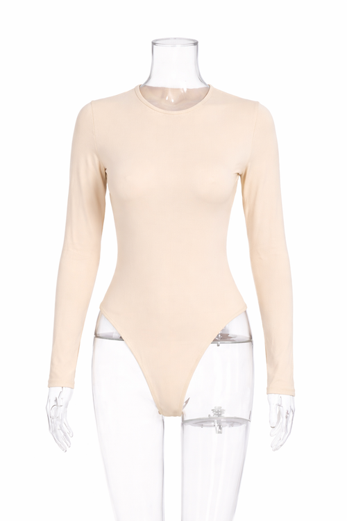 Body beige claro liso de manga larga con cuello redondo para mujer