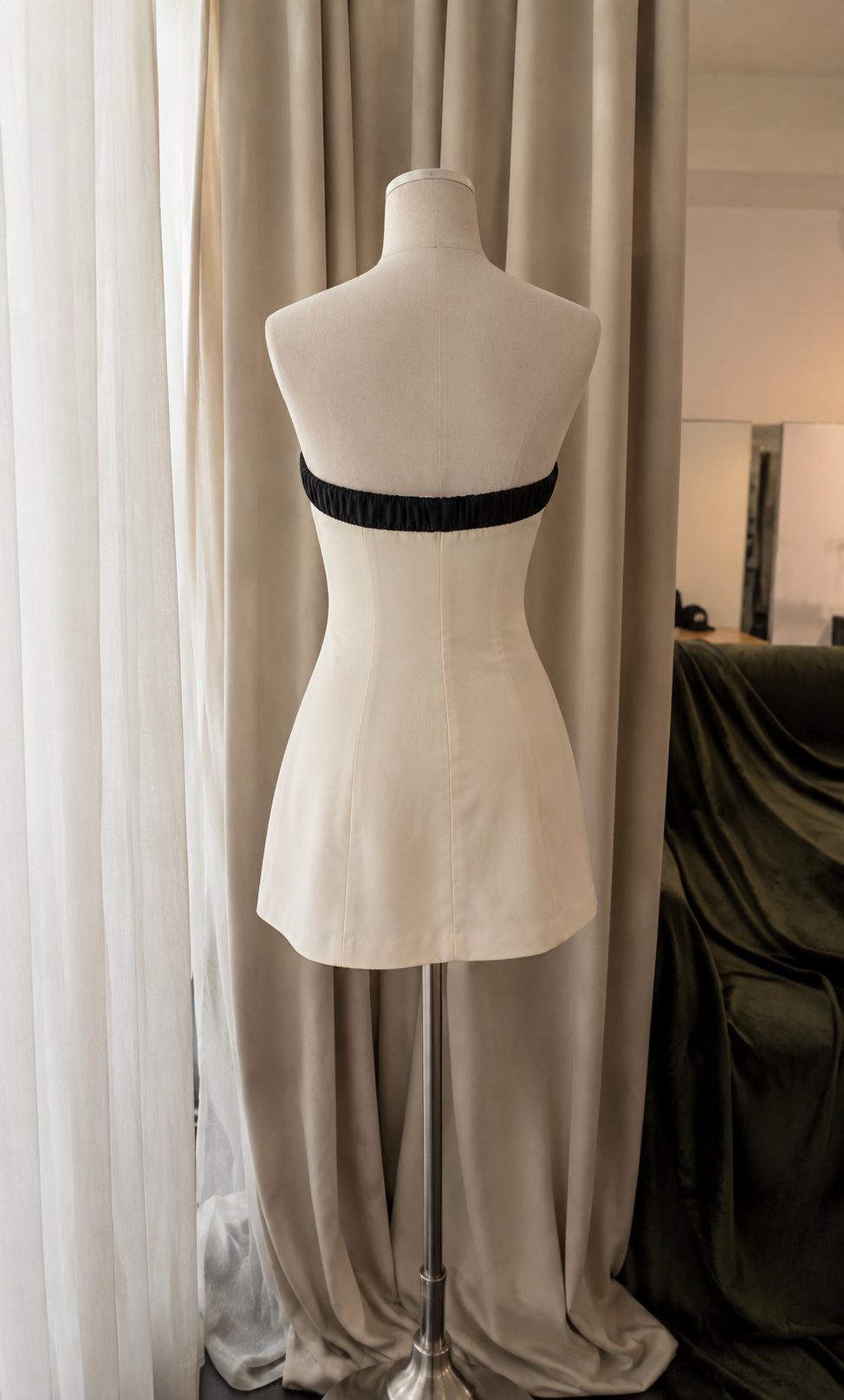 Vestido Malba empalmado con lazo negro y cuello oblicuo
