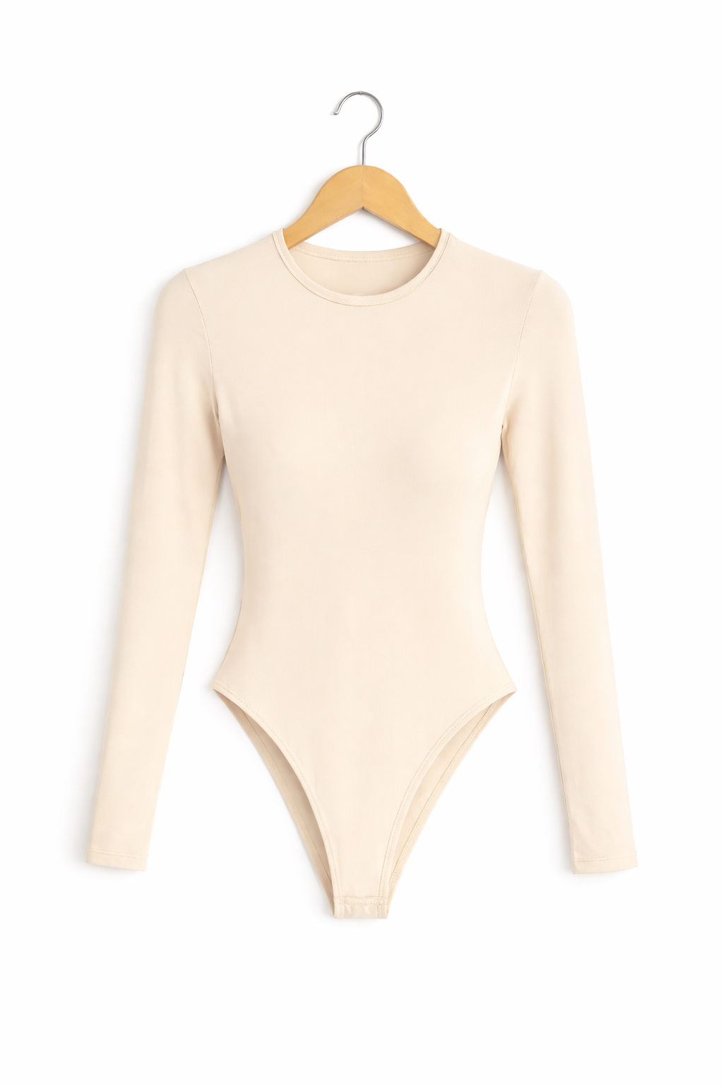 Body beige claro liso de manga larga con cuello redondo para mujer