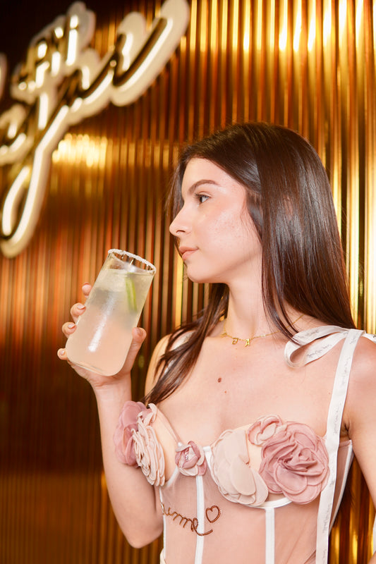 Crop Top Rosa 3D Nude – Corset Flores con Apliques Rosados