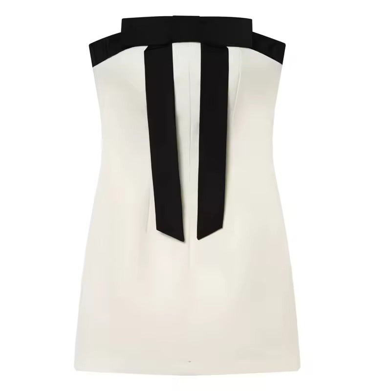 Vestido Malba empalmado con lazo negro y cuello oblicuo