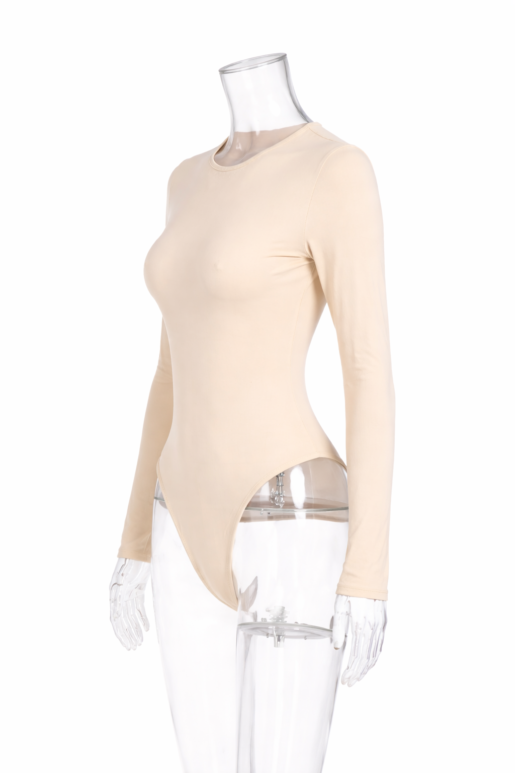 Body beige claro liso de manga larga con cuello redondo para mujer