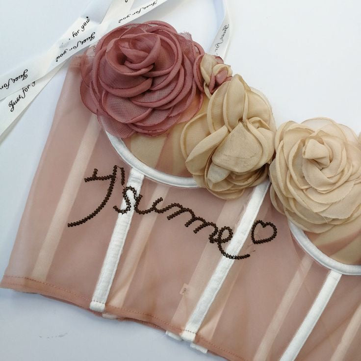 Crop Top Rosa 3D Nude – Corset Flores con Apliques Rosados