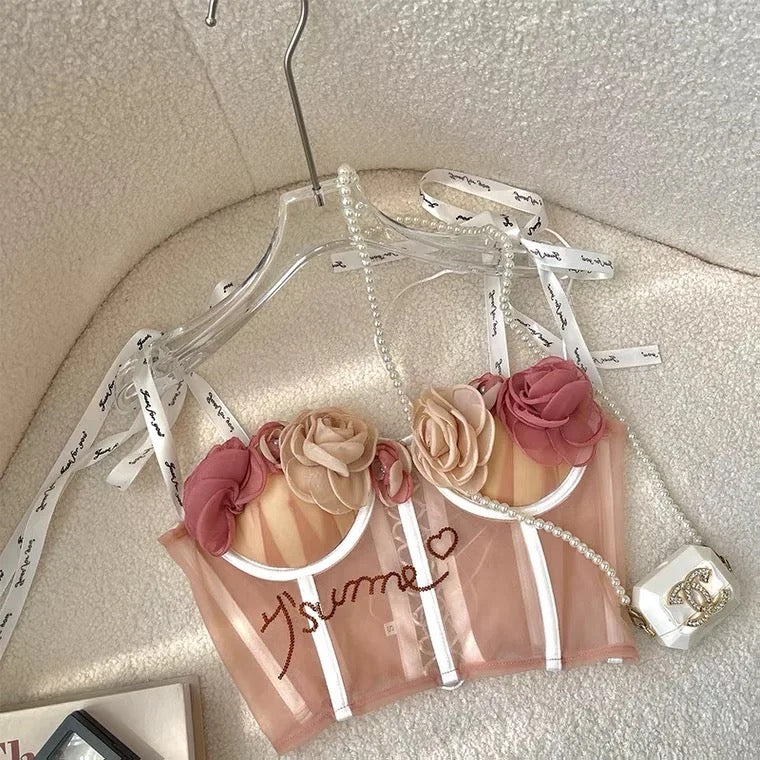 Crop Top Rosa 3D Nude – Corset Flores con Apliques Rosados