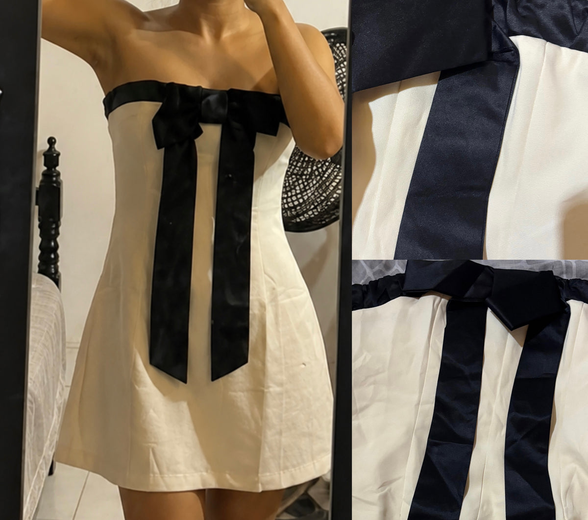 Vestido Malba empalmado con lazo negro y cuello oblicuo